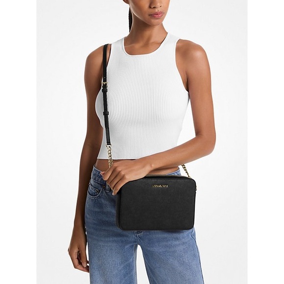 NWT Michael Kors Jet Set Large Crossbody Black Saffiano Leather Gold Chain Chic! - Picture 2 of 10